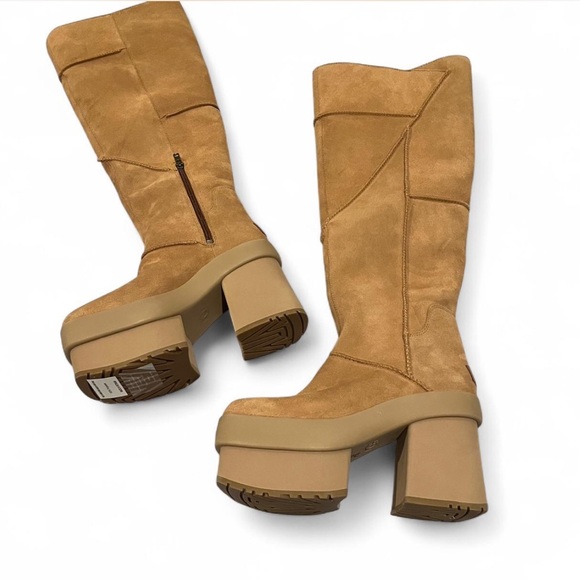 UGG NEW HEIGHTS PLATFORM XTRA CHESTNUT SUEDE ZIP WOMEN'S BOOTS SIZE US 8 NEW - Picture 1 of 5